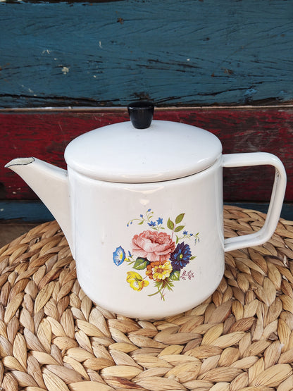 theepot emaille wit bloemen