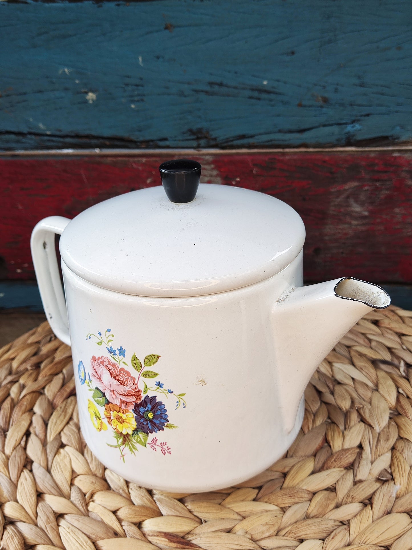 theepot emaille wit bloemen